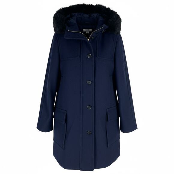 Ann Taylor Weekend Collection Faux Fur Trim Wool Duffle Coat Blue Size M - Picture 4 of 12